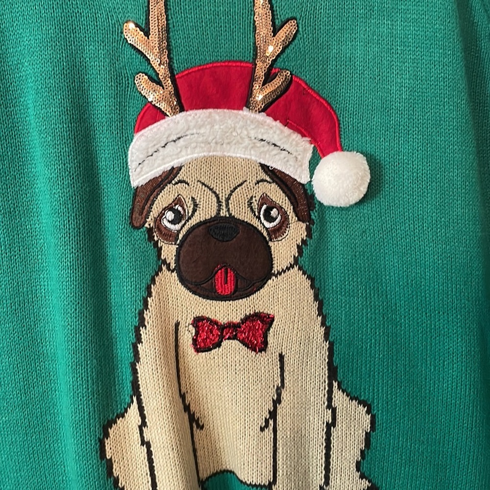 Pug Christmas sweater Sz S/M oversized worn 1x - Picture 2 of 5